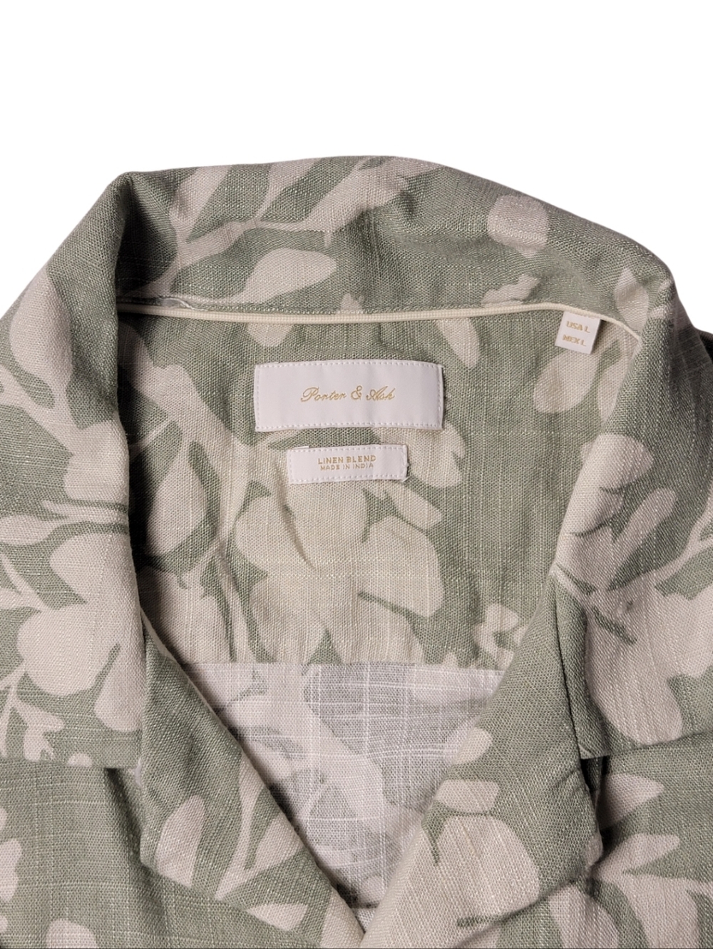 Porter & Ash Sage Green & Cream Floral Linen Blend Camp Shirt L​ - Picture 4 of 6